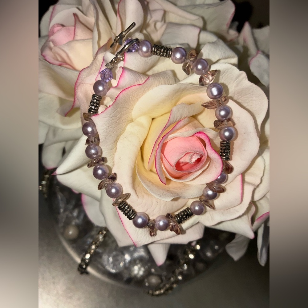 Elegant Purple Pearl (with a wink of Pink) and Crystal Toggle Bracelet
